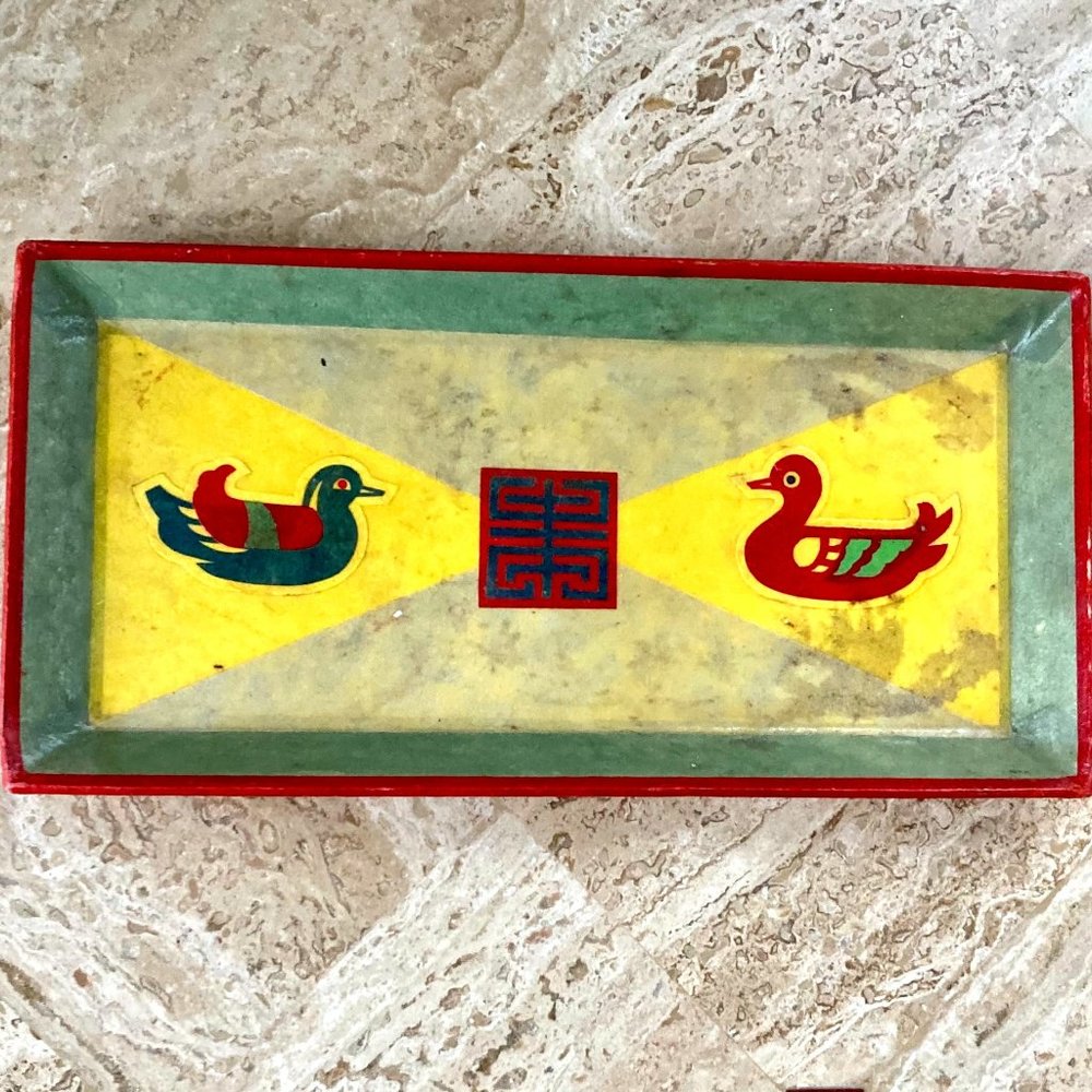 Vintage Asian Duck Vanity Tray Red Paper Mache Chinese